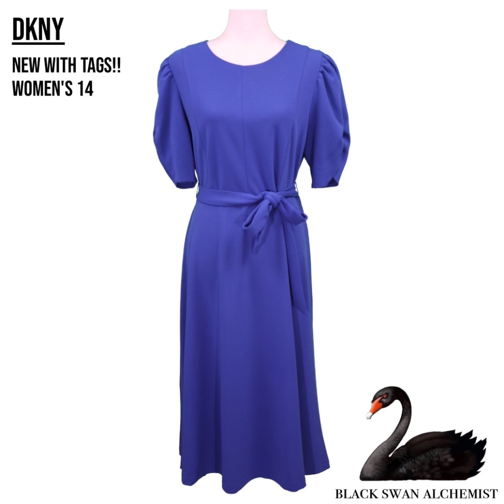 DKNY Size 14 Stretch Crew Neck Short Ruched Sleeve Fit and Flare Midi Dress